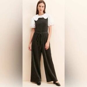 Missing You Already Square Neck Wide Leg Corduroy Jumpsuit Size S Charcoal Gray